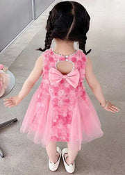 Floral Pink Pearl Hollow Out Tulle Girls Dress Sleeveless