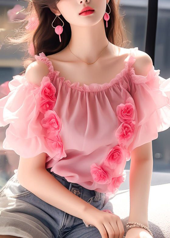 Floral Pink Ruffled Wrinkled Chiffon Top Short Sleeve