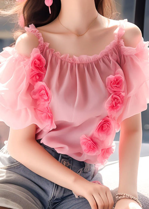 Floral Pink Ruffled Wrinkled Chiffon Top Short Sleeve