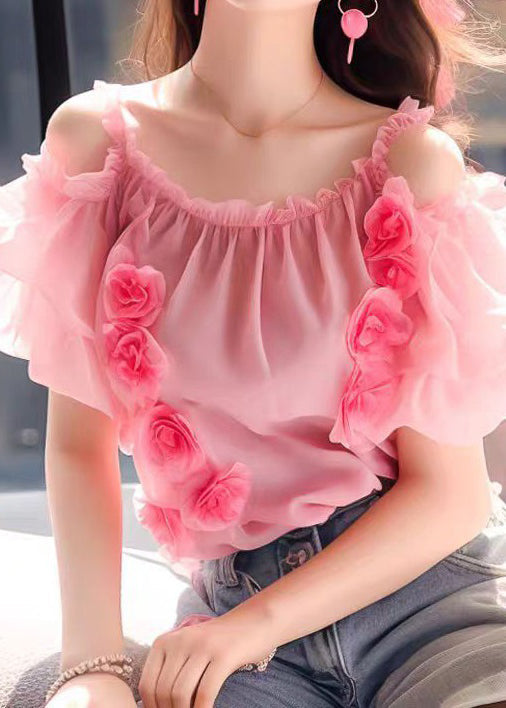 Floral Pink Ruffled Wrinkled Chiffon Top Short Sleeve