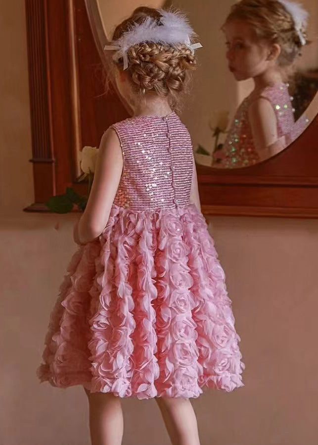 Floral Pink Sequins Patchwork Tulle Girls Dresses Sleeveless