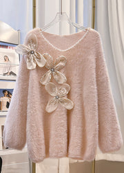 Floral Pink V Neck Cozy Mink Hair Knitted Sweater Spring