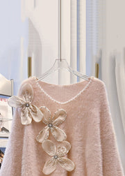 Floral Pink V Neck Cozy Mink Hair Knitted Sweater Spring