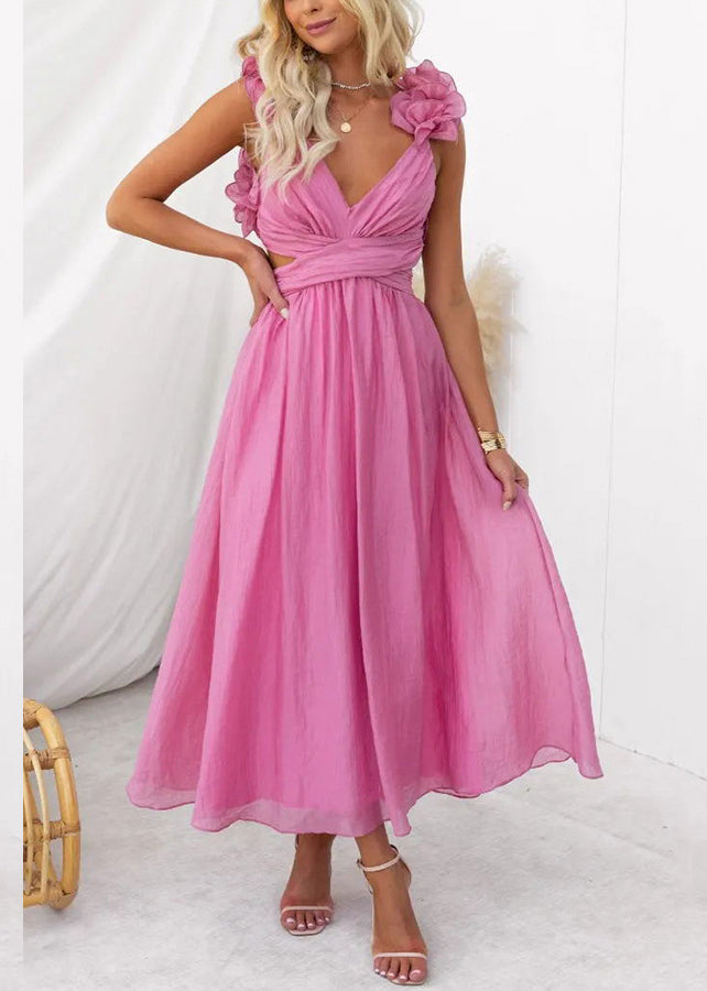 Floral Pink V Neck Lace Up Cotton Long Dress Sleeveless