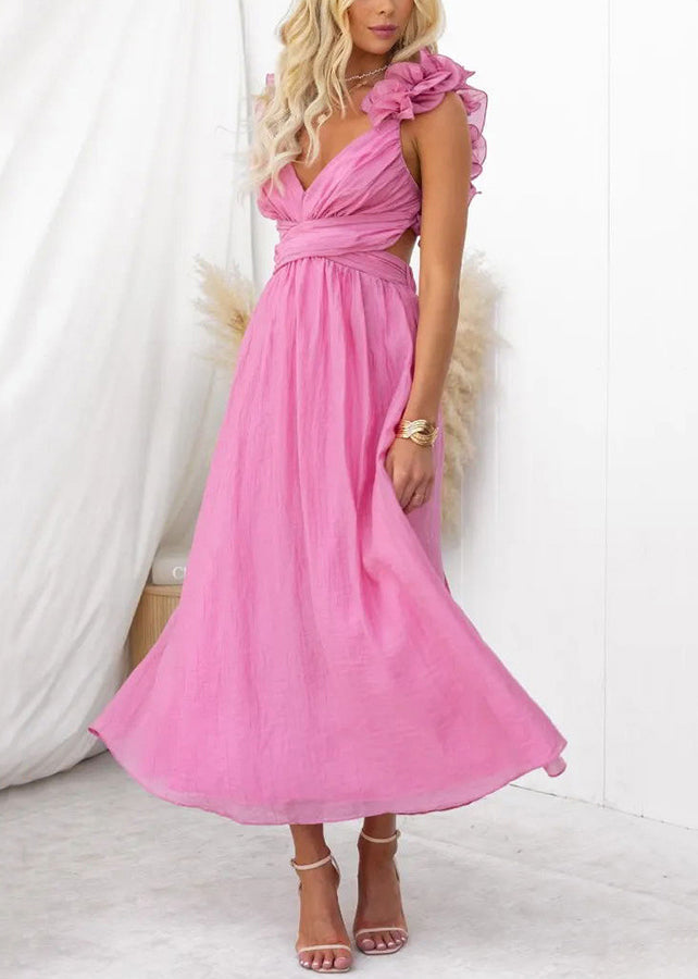 Floral Pink V Neck Lace Up Cotton Long Dress Sleeveless