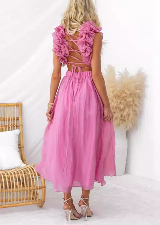 Floral Pink V Neck Lace Up Cotton Long Dress Sleeveless