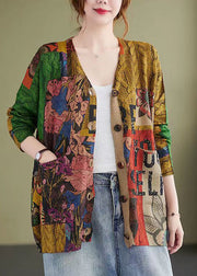 Floral Print Patchwork Cotton Knit Coat V Neck Long Sleeve