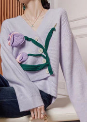 Floral Purple Asymmetrical Button Knit Cardigan Spring