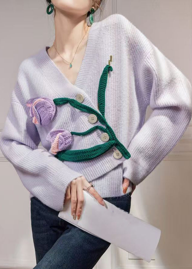 Floral Purple Asymmetrical Button Knit Cardigan Spring