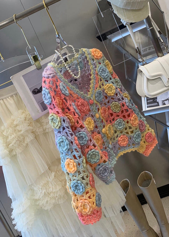 Handmade Floral Rainbow V Neck Hollow Out Knit Cardigan Spring