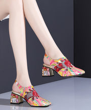 Floral Red Buckle Strap Breathable Mesh Splicing Chunky High Heels