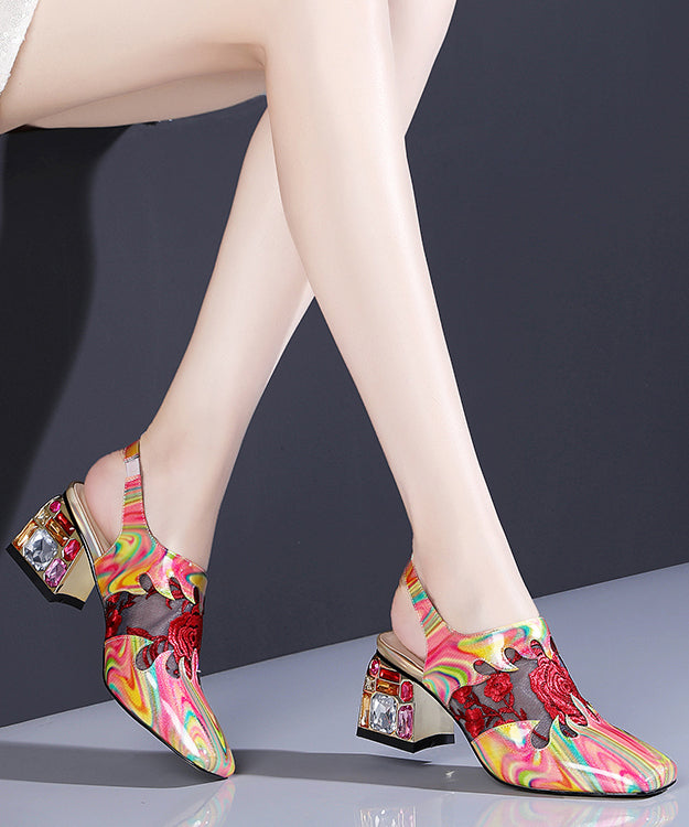 Floral Red Buckle Strap Breathable Mesh Splicing Chunky High Heels