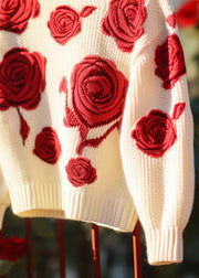 Floral Red Hollow Out Cozy Knit Sweaters Fall