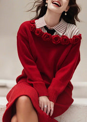 Floral Red Slash Neck Solid Knit Sweater Dress Fall