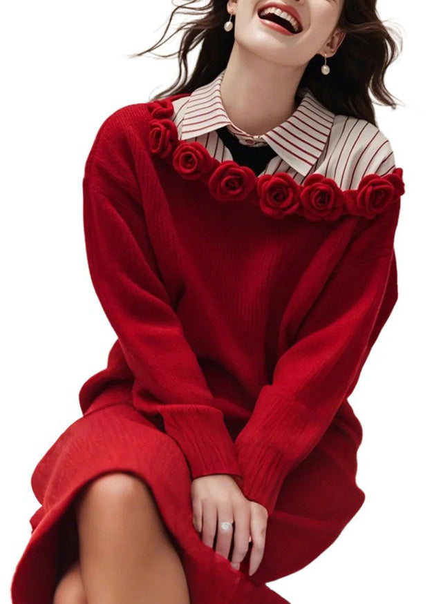 Floral Red Slash Neck Solid Knit Sweater Dress Fall