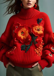 Floral Red Turtleneck  Cotton Knit Sweaters Long Sleeve