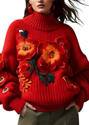 Floral Red Turtleneck  Cotton Knit Sweaters Long Sleeve