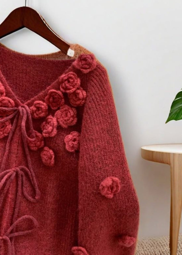 Floral Red V Neck Lace Up Knit Cardigan Spring