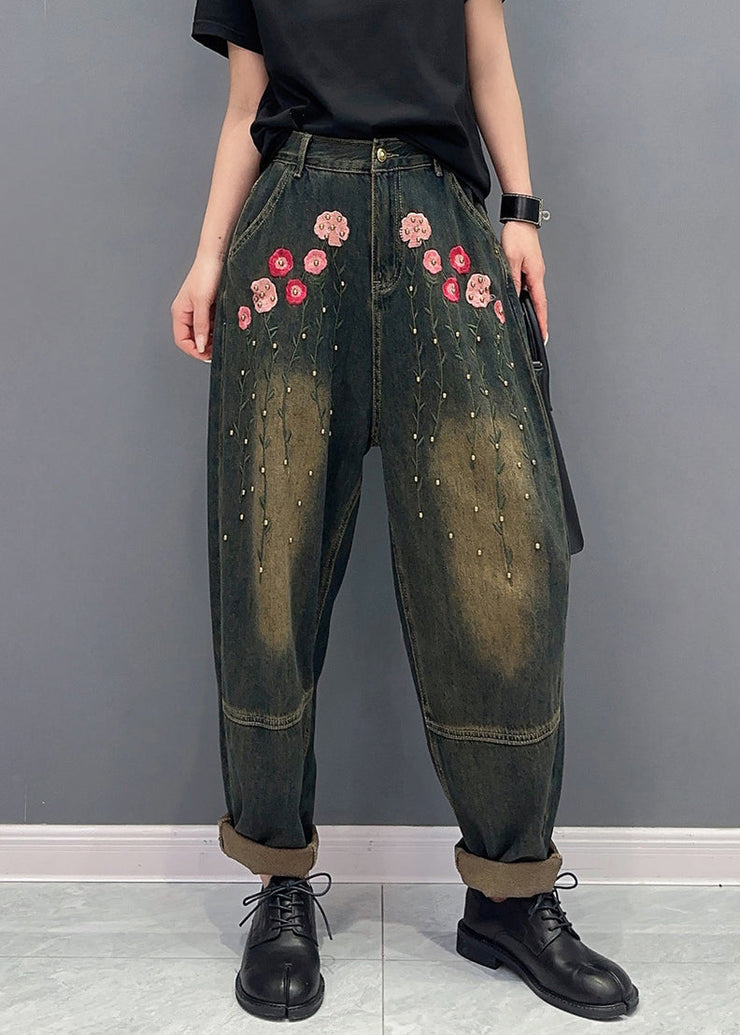 Floral Rivet Patchwork Denim Pockets Harem Pants Fall