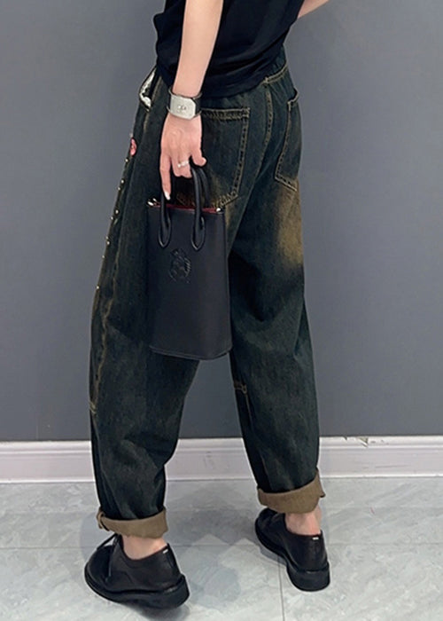 Floral Rivet Patchwork Denim Pockets Harem Pants Fall