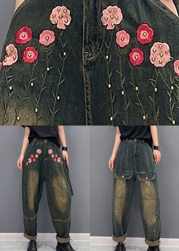 Floral Rivet Patchwork Denim Pockets Harem Pants Fall