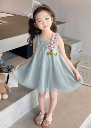 Floral Sky Blue Zippered Solid Tulle Girls Dresses Sleeveless