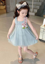 Floral Sky Blue Zippered Solid Tulle Girls Dresses Sleeveless