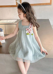 Floral Sky Blue Zippered Solid Tulle Girls Dresses Sleeveless