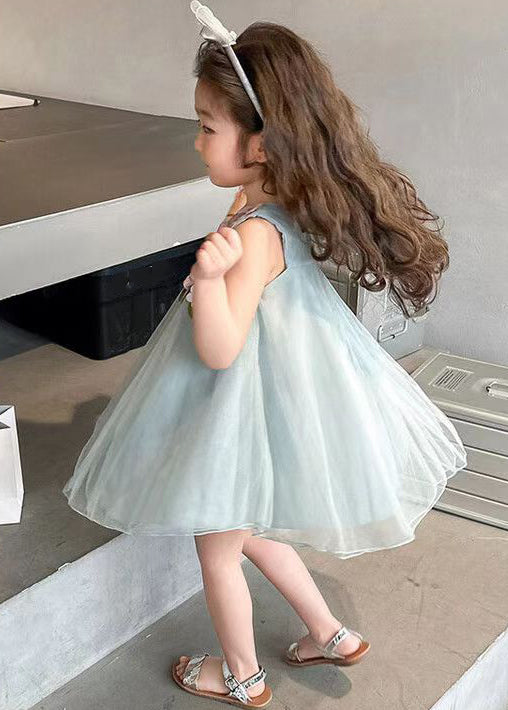 Floral Sky Blue Zippered Solid Tulle Girls Dresses Sleeveless