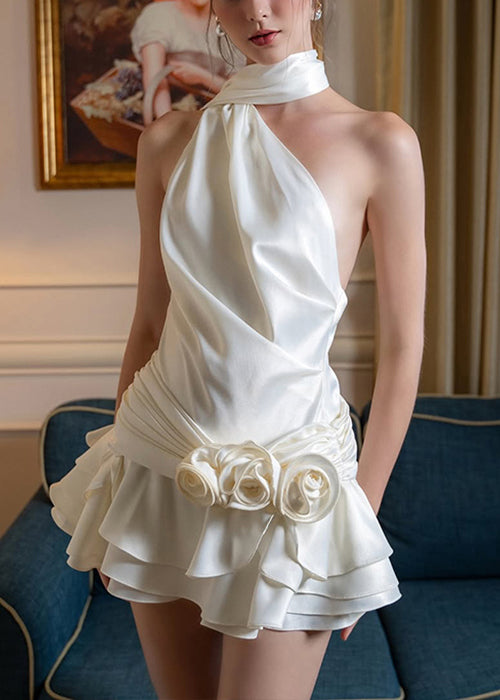 Floral White Backless Wrinkled Silk Mid Dress Sleeveless