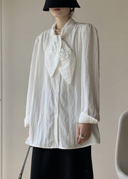 Floral White Bow Button Cotton Blouse Spring