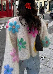 Floral White Button Hollow Out Wool Knit Cardigans Spring