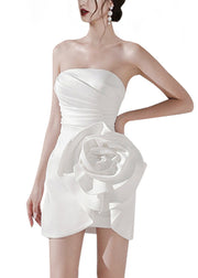 Floral White Cold Shoulder Wrinkled Silk Mid Dress Sleeveless