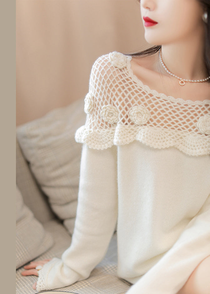 Floral White Hollow Out Patchwork Cotton Knit Top Long Sleeve