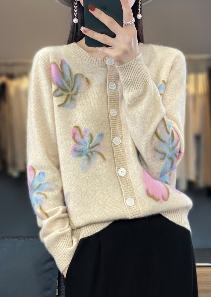 Floral White O Neck Button Cotton Knit Coat Spring