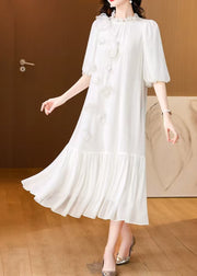 Floral White Ruffled Solid Silk Long Dress Summer