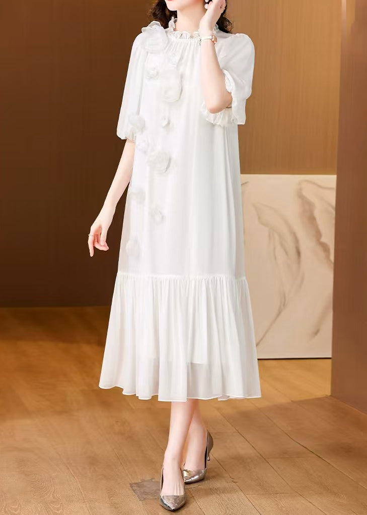 Floral White Ruffled Solid Silk Long Dress Summer