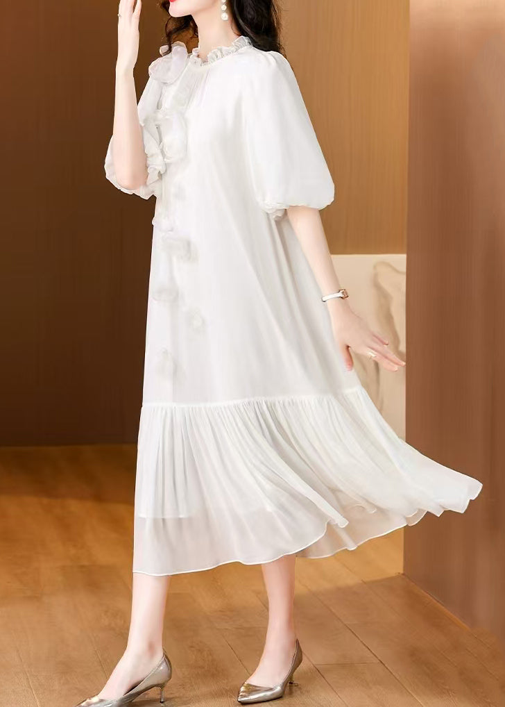 Floral White Ruffled Solid Silk Long Dress Summer