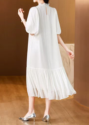 Floral White Ruffled Solid Silk Long Dress Summer