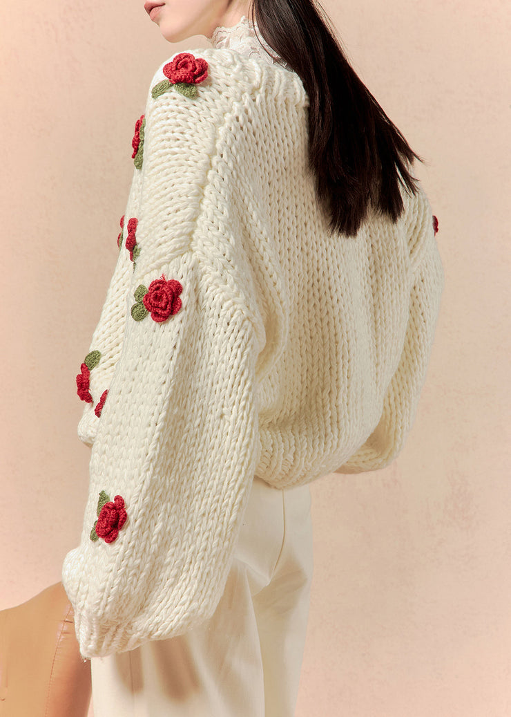 Floral White V Neck Hollow Out Cotton Knit Cardigans Spring