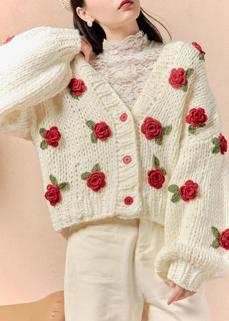 Floral White V Neck Hollow Out Cotton Knit Cardigans Spring