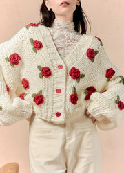 Floral White V Neck Hollow Out Cotton Knit Cardigans Spring