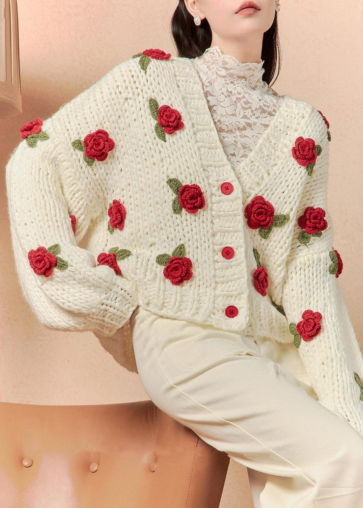 Floral White V Neck Hollow Out Cotton Knit Cardigans Spring