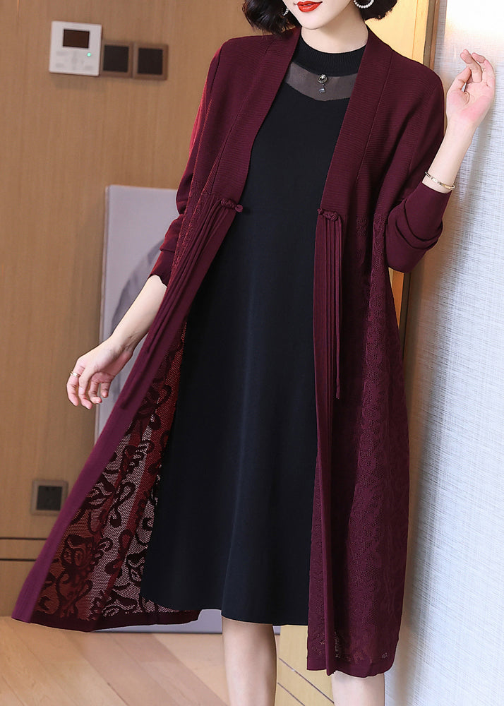 Floral Wine Red Button Hollow Out Cotton Knit Long Cardigan Spring