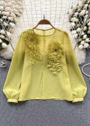 Floral Yellow O Neck Solid Chiffon Shirts Long Sleeve