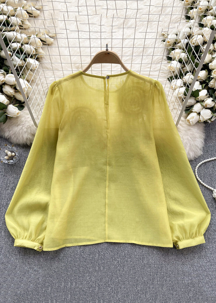 Floral Yellow O Neck Solid Chiffon Shirts Long Sleeve