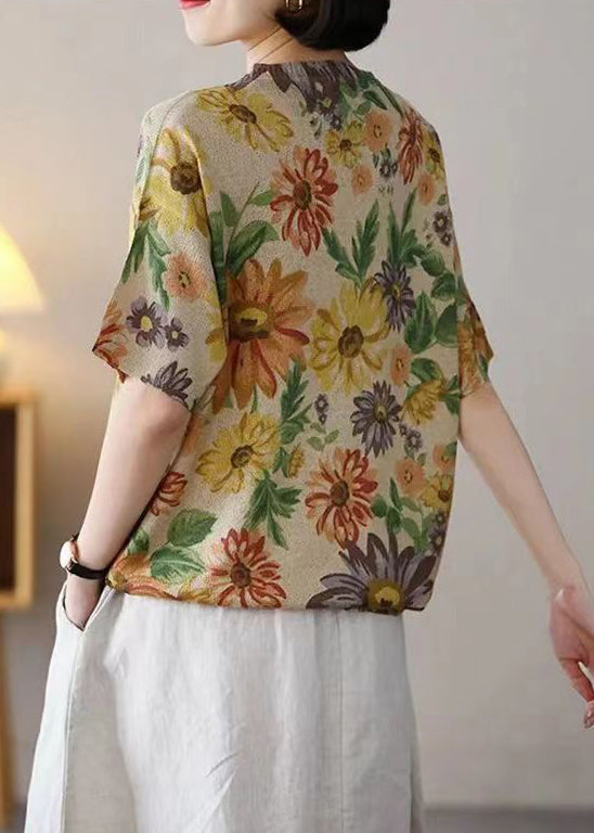 Floret Print Patchwork Cotton Knit T Shirts O-Neck  Summer