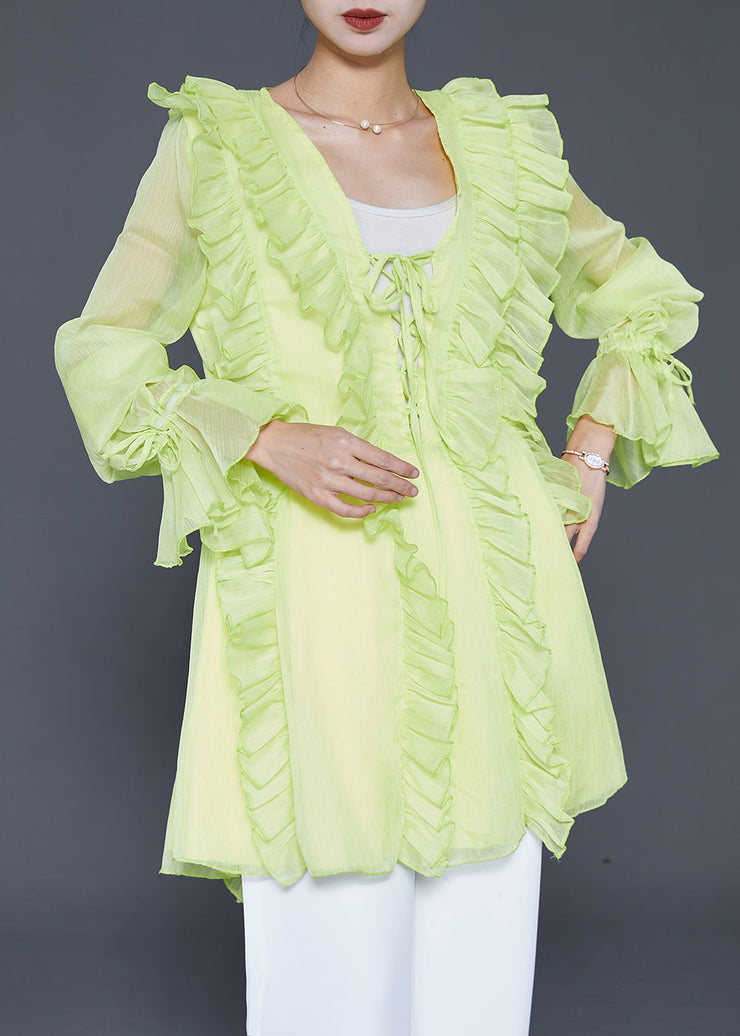 Fluorescent Green Chiffon Shirts Ruffled Lace Up Fall