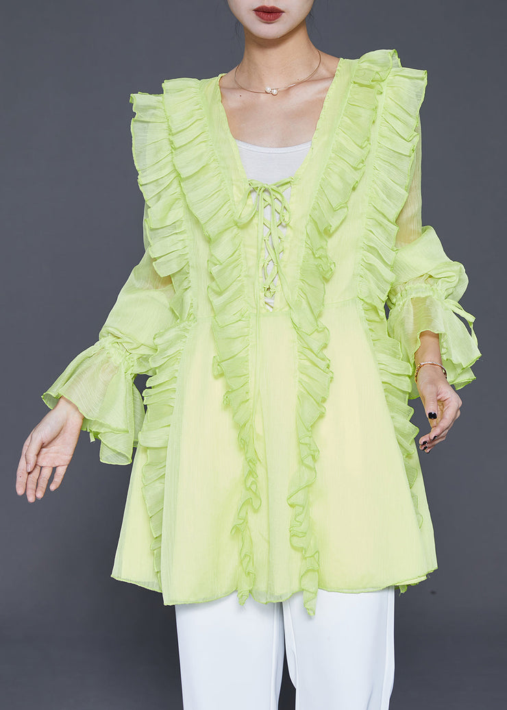 Fluorescent Green Chiffon Shirts Ruffled Lace Up Fall