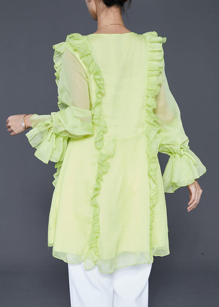 Fluorescent Green Chiffon Shirts Ruffled Lace Up Fall